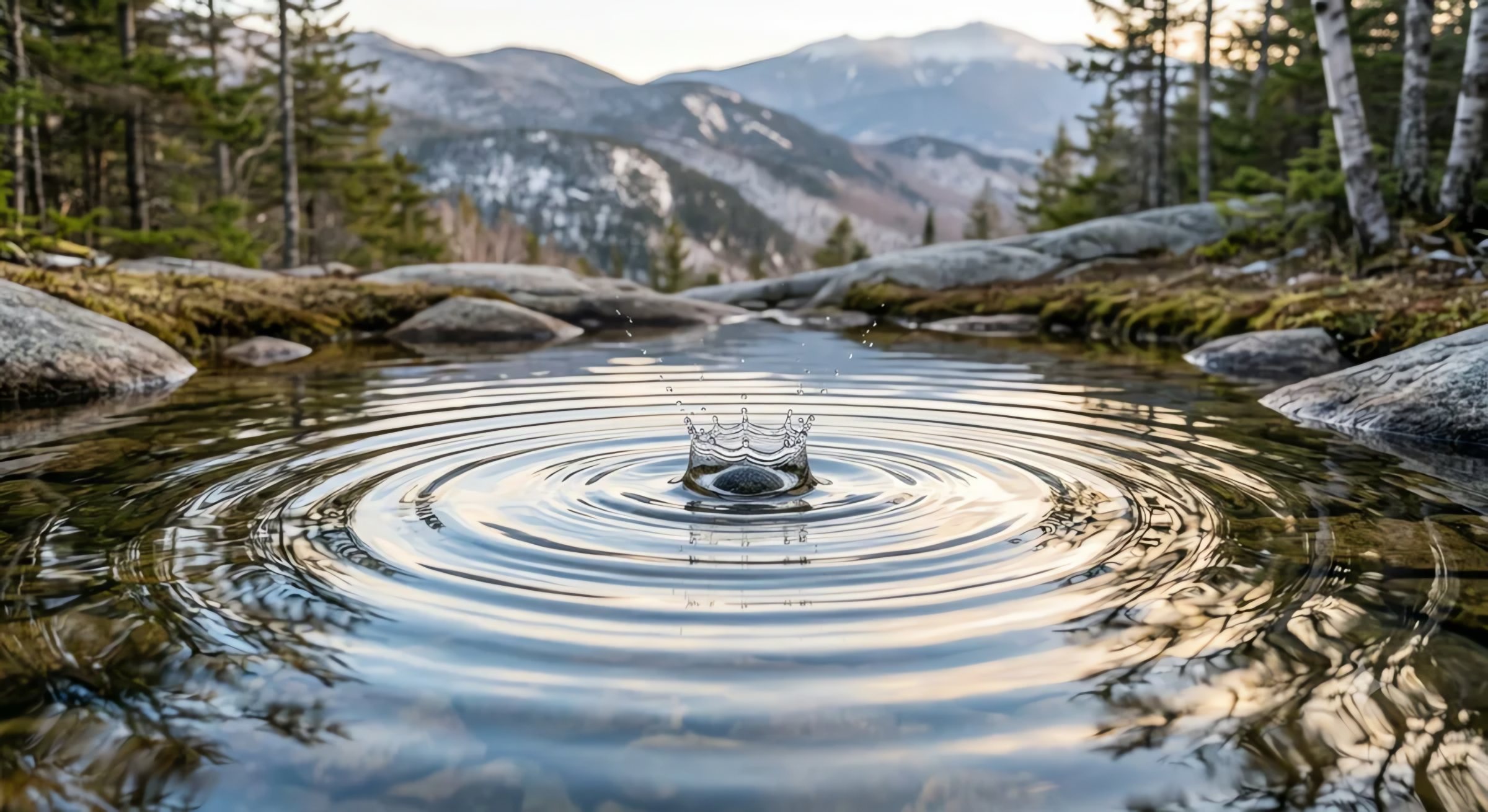 A single drop rippling across a still mountain pool